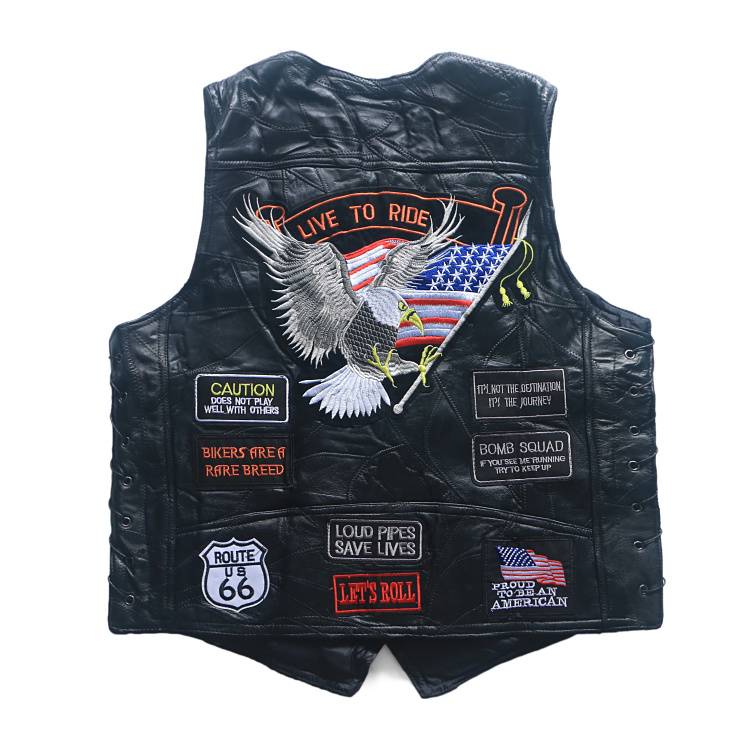 Bull goods!Sheepskin leather splicing locomotive vest embroidery and roller dark punk retro American -style men's tail goods