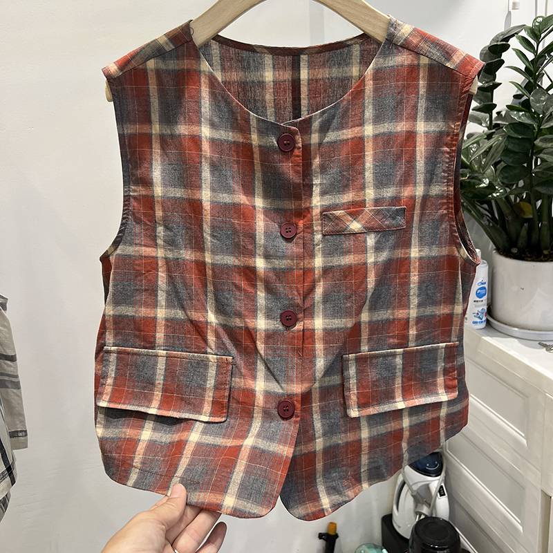 European cotton and linen grid vest jacket female summer 2024 new fashion versatile small sleeveless shoulder top