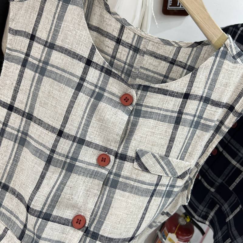European cotton and linen grid vest jacket female summer 2024 new fashion versatile small sleeveless shoulder top