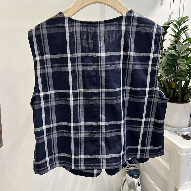 European cotton and linen grid vest jacket female summer 2024 new fashion versatile small sleeveless shoulder top