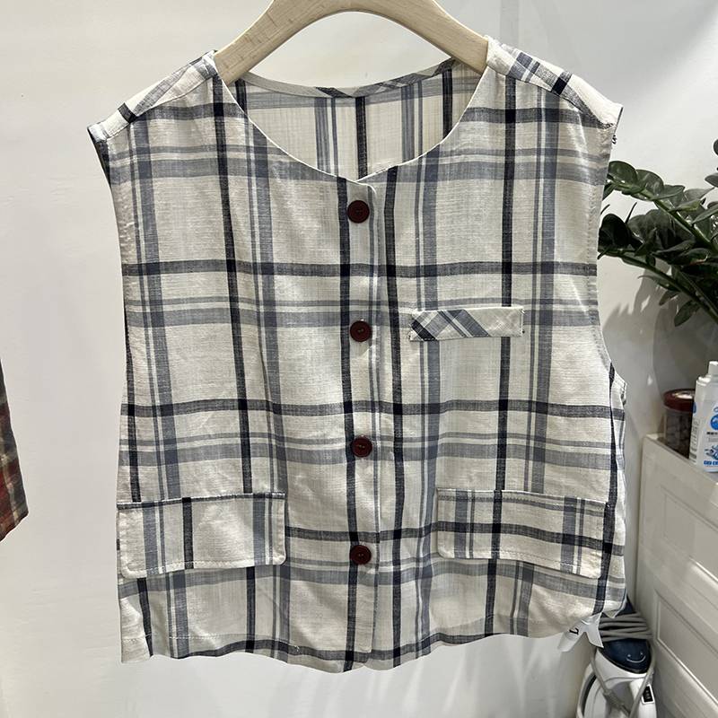 European cotton and linen grid vest jacket female summer 2024 new fashion versatile small sleeveless shoulder top