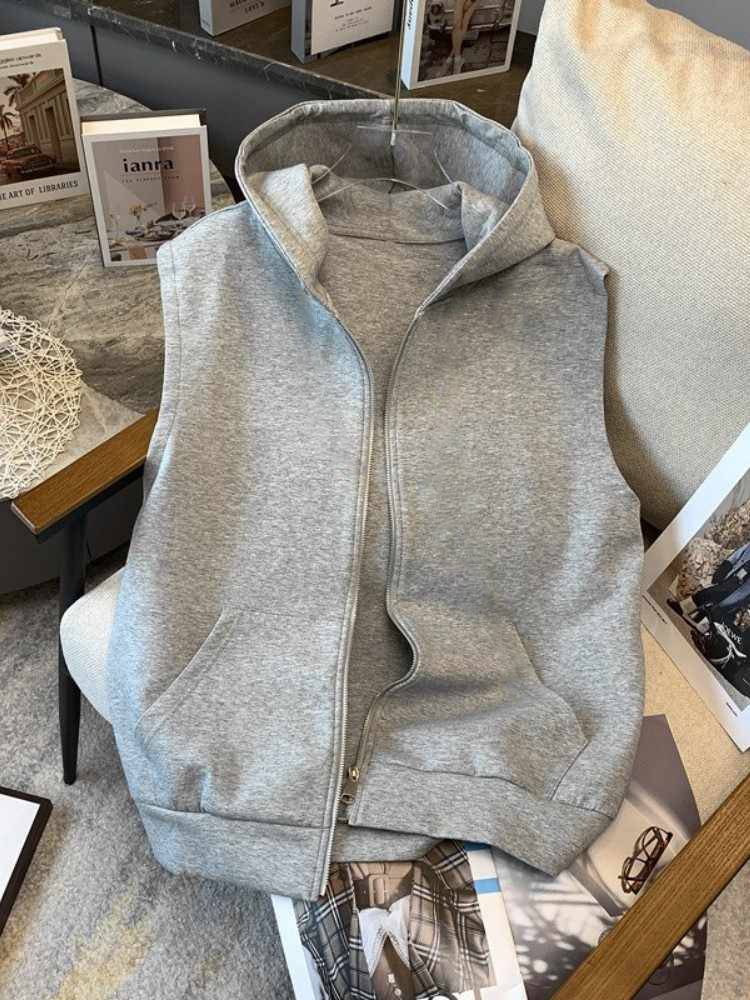 European Fat MM large -size vest sweater outer set female 200 catties of loose spring, autumn and winter, long -length velvet hooded sleeveless