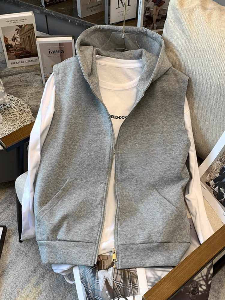 European Fat MM large -size vest sweater outer set female 200 catties of loose spring, autumn and winter, long -length velvet hooded sleeveless