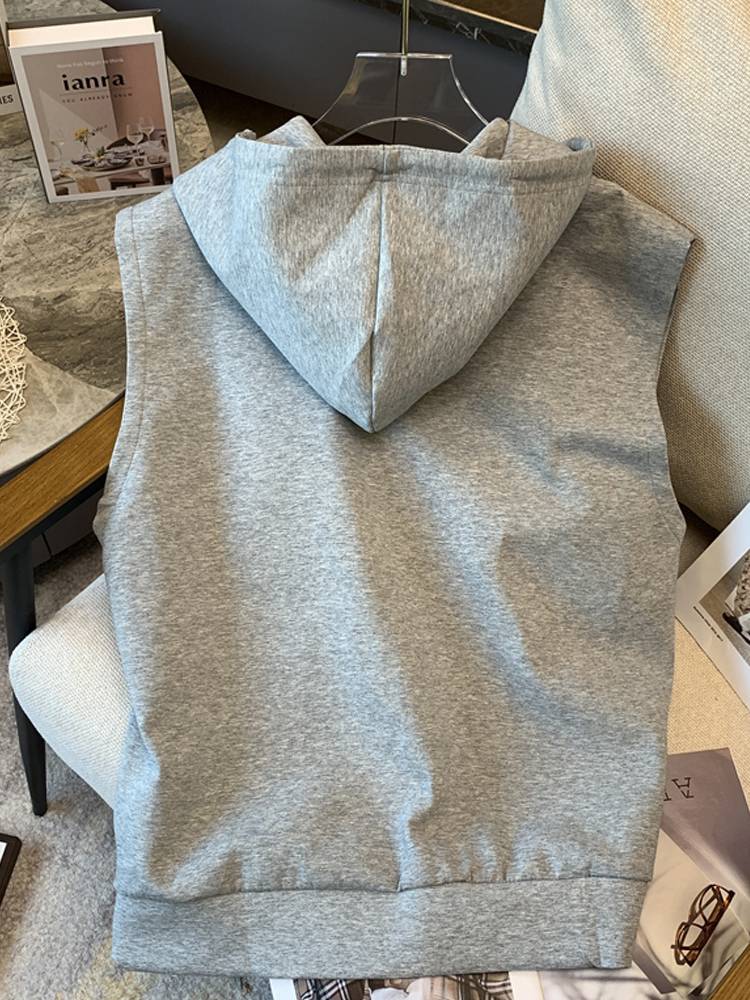 European Fat MM large -size vest sweater outer set female 200 catties of loose spring, autumn and winter, long -length velvet hooded sleeveless