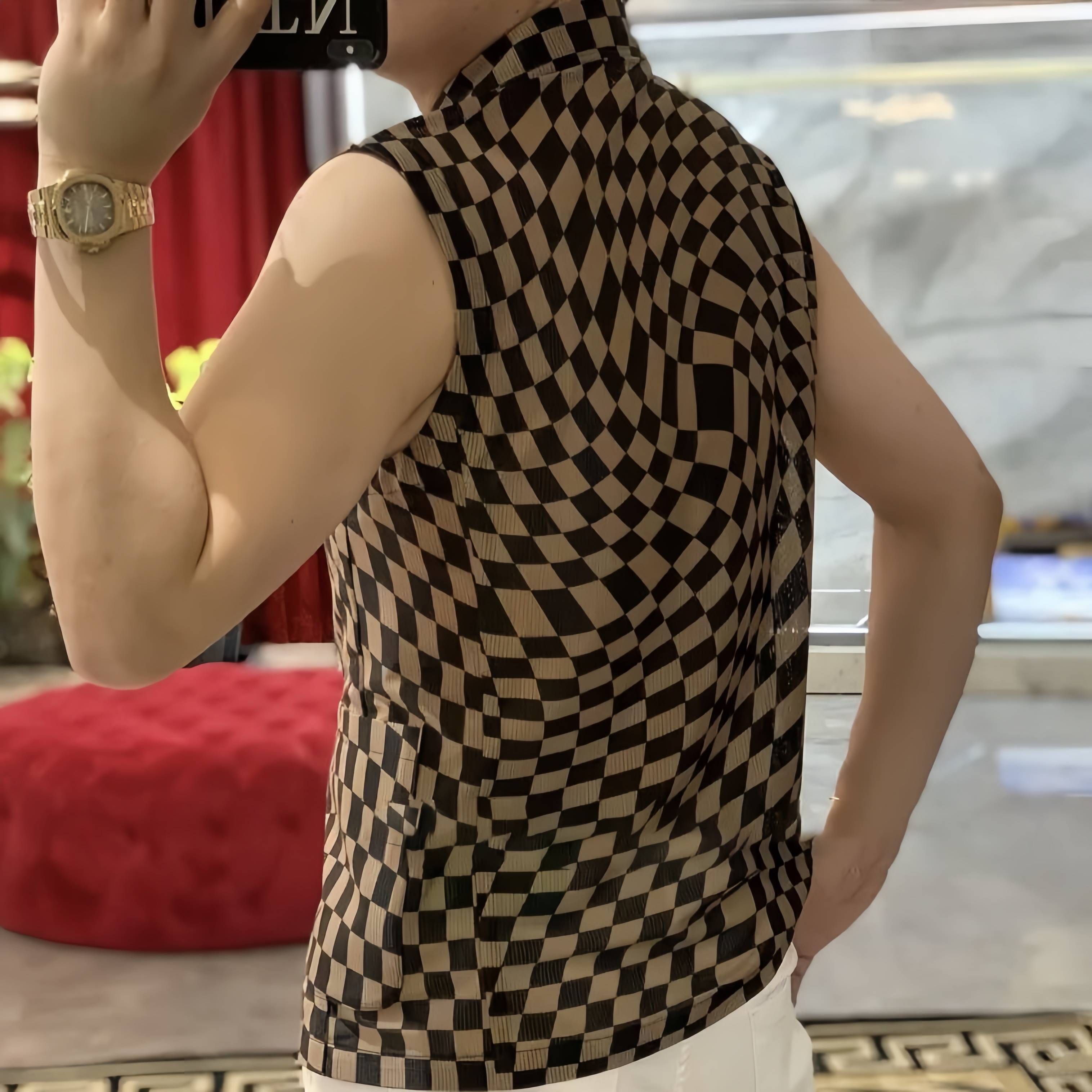 European station high version plaid men's cardigan vest in summer new European goods fashion trendy casual suit collar vest