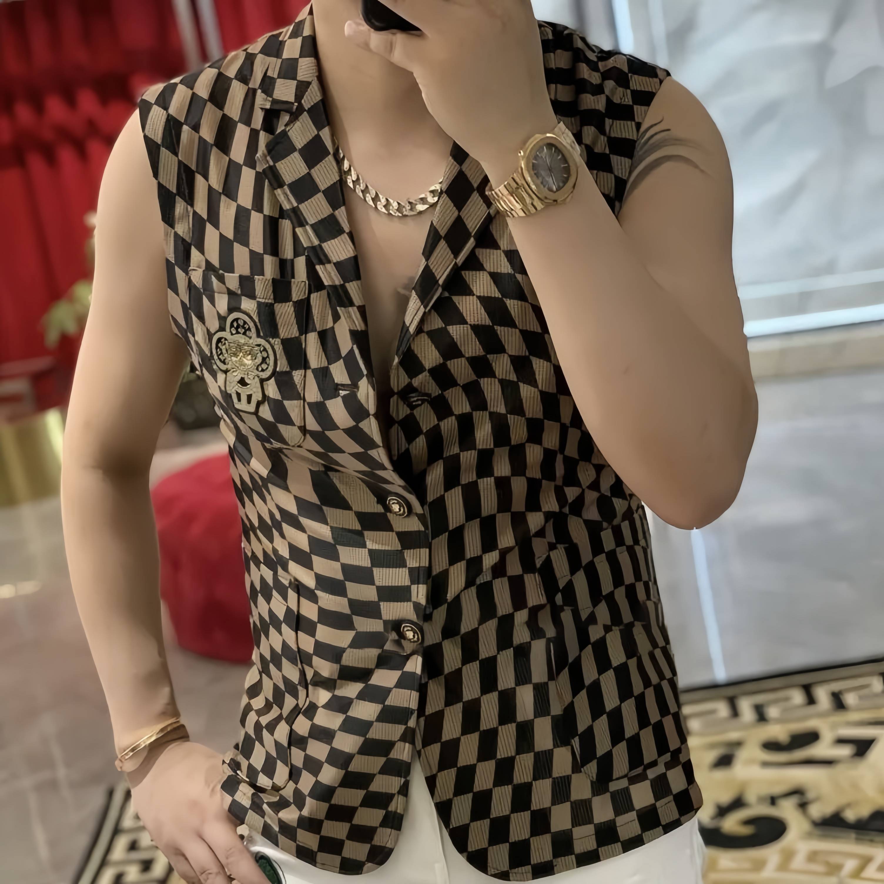 European station high version plaid men's cardigan vest in summer new European goods fashion trendy casual suit collar vest