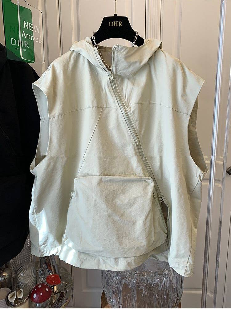 The new super large loose casual string pocket hooded vest female vest men's sleeveless jacket clothing man