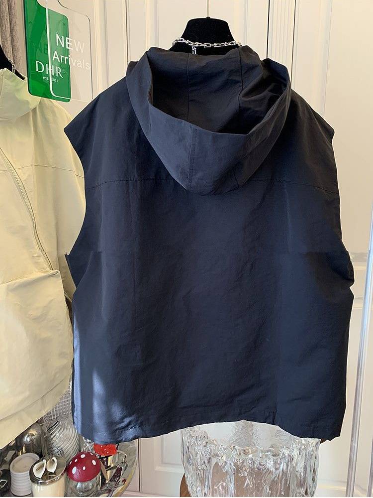 The new super large loose casual string pocket hooded vest female vest men's sleeveless jacket clothing man