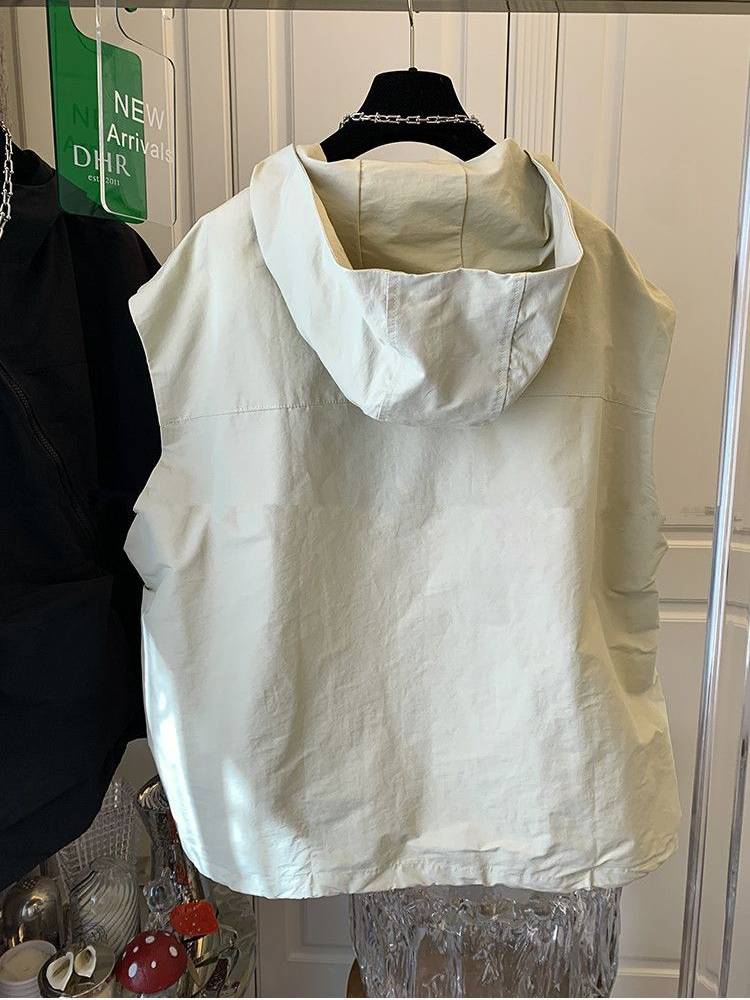 The new super large loose casual string pocket hooded vest female vest men's sleeveless jacket clothing man