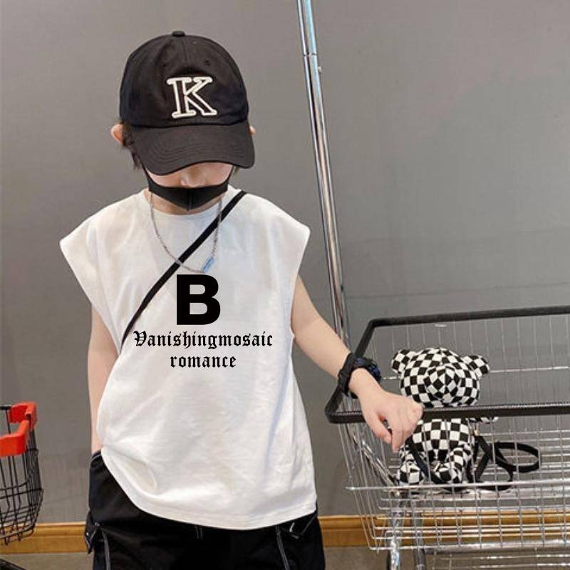 Tide brand Hong Kong wind pure cotton sleeveless boy vest 2024 Students wearing vest loose Chinese big children put on clothes