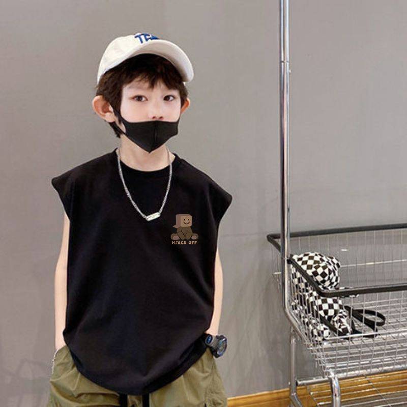 Tide brand Hong Kong wind pure cotton sleeveless boy vest 2024 Students wearing vest loose Chinese big children put on clothes