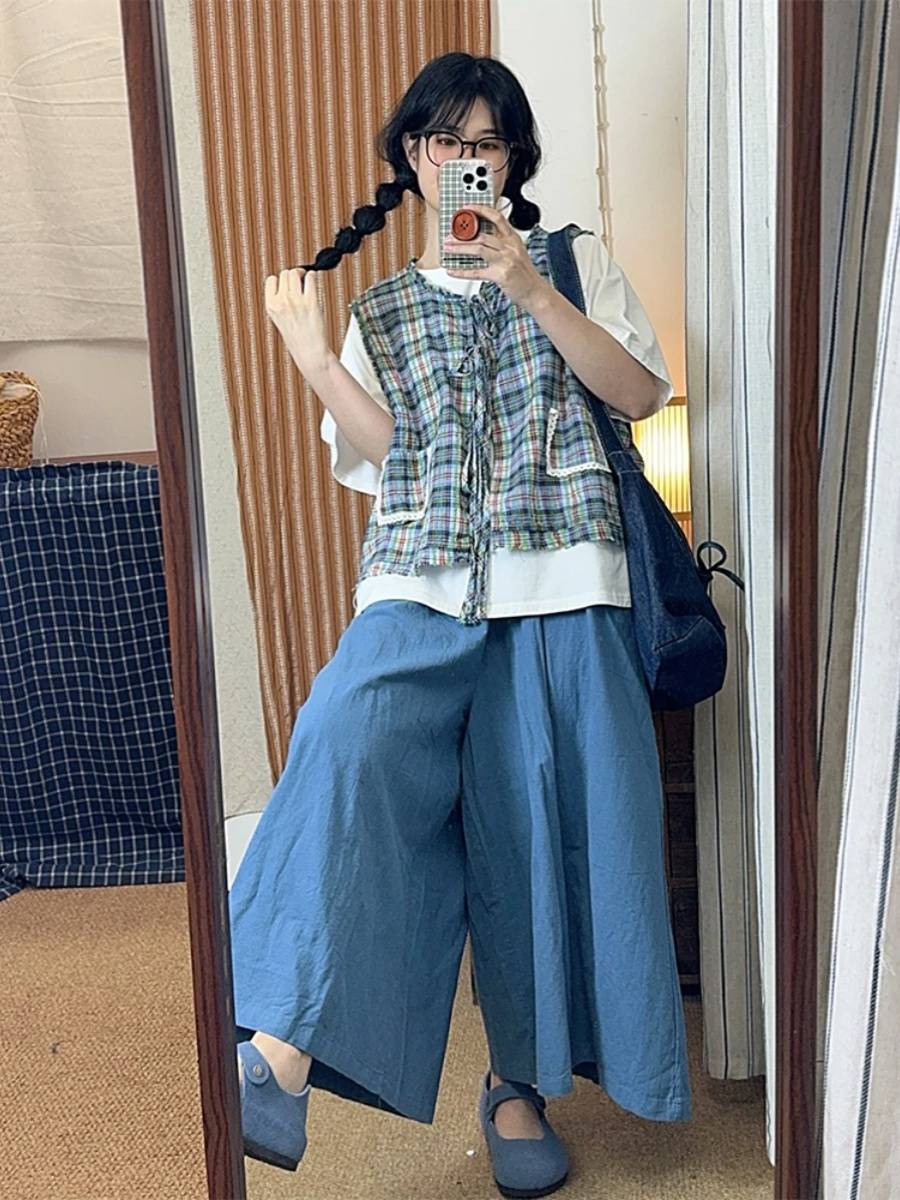Retro -colored checkered shoulder vest female summer new small design sense is loose