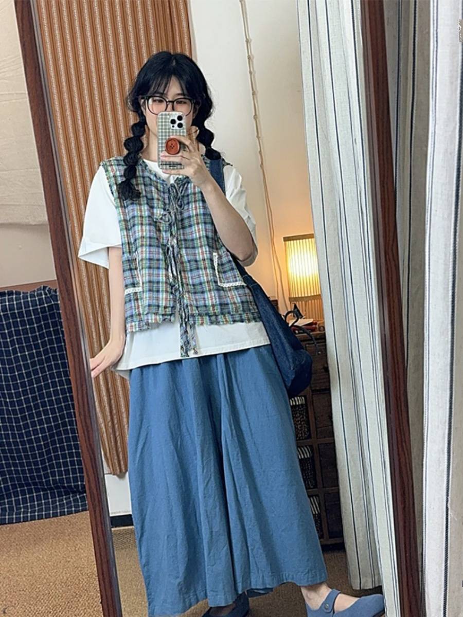 Retro -colored checkered shoulder vest female summer new small design sense is loose