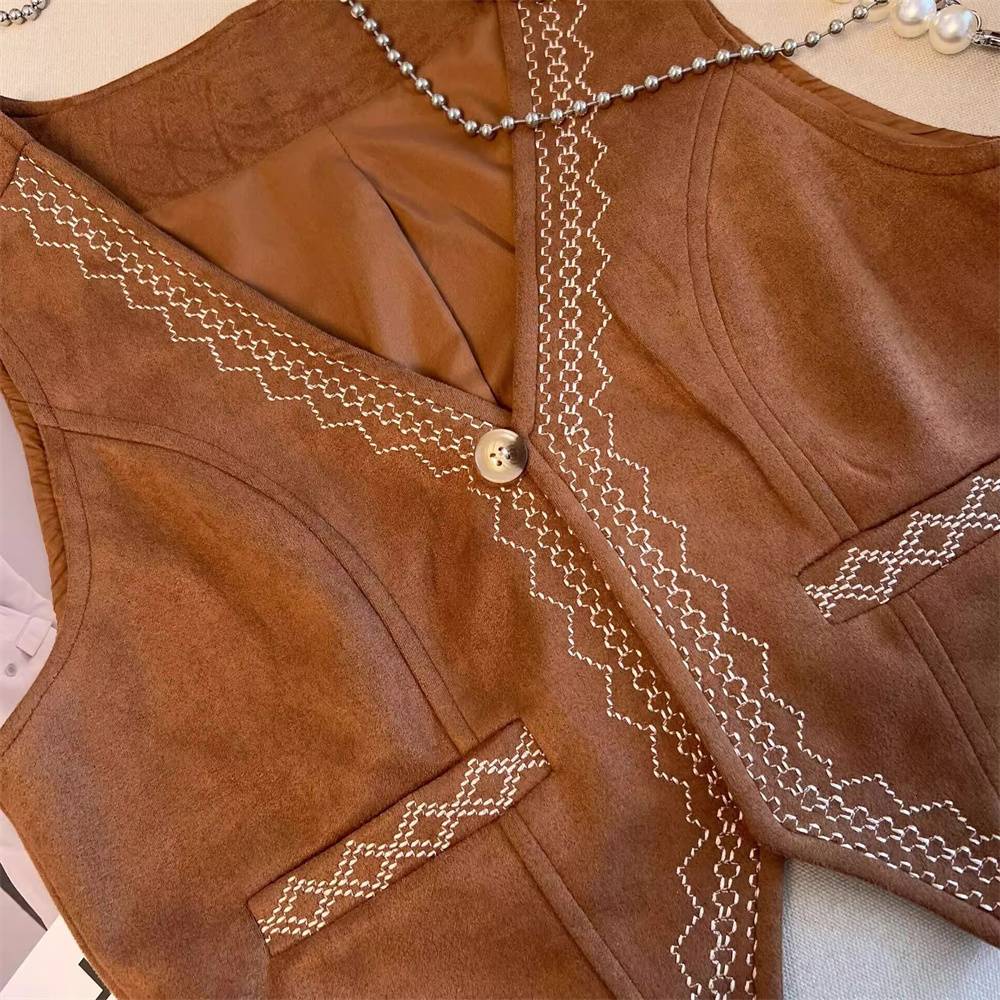 Retro national style travel suede brown vest jacket female summer overlap wears high -end sleeveless vest tops