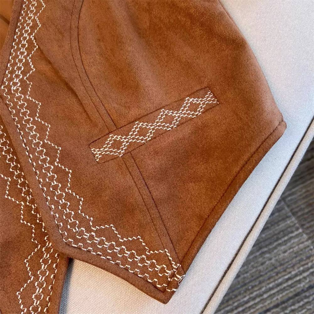 Retro national style travel suede brown vest jacket female summer overlap wears high -end sleeveless vest tops