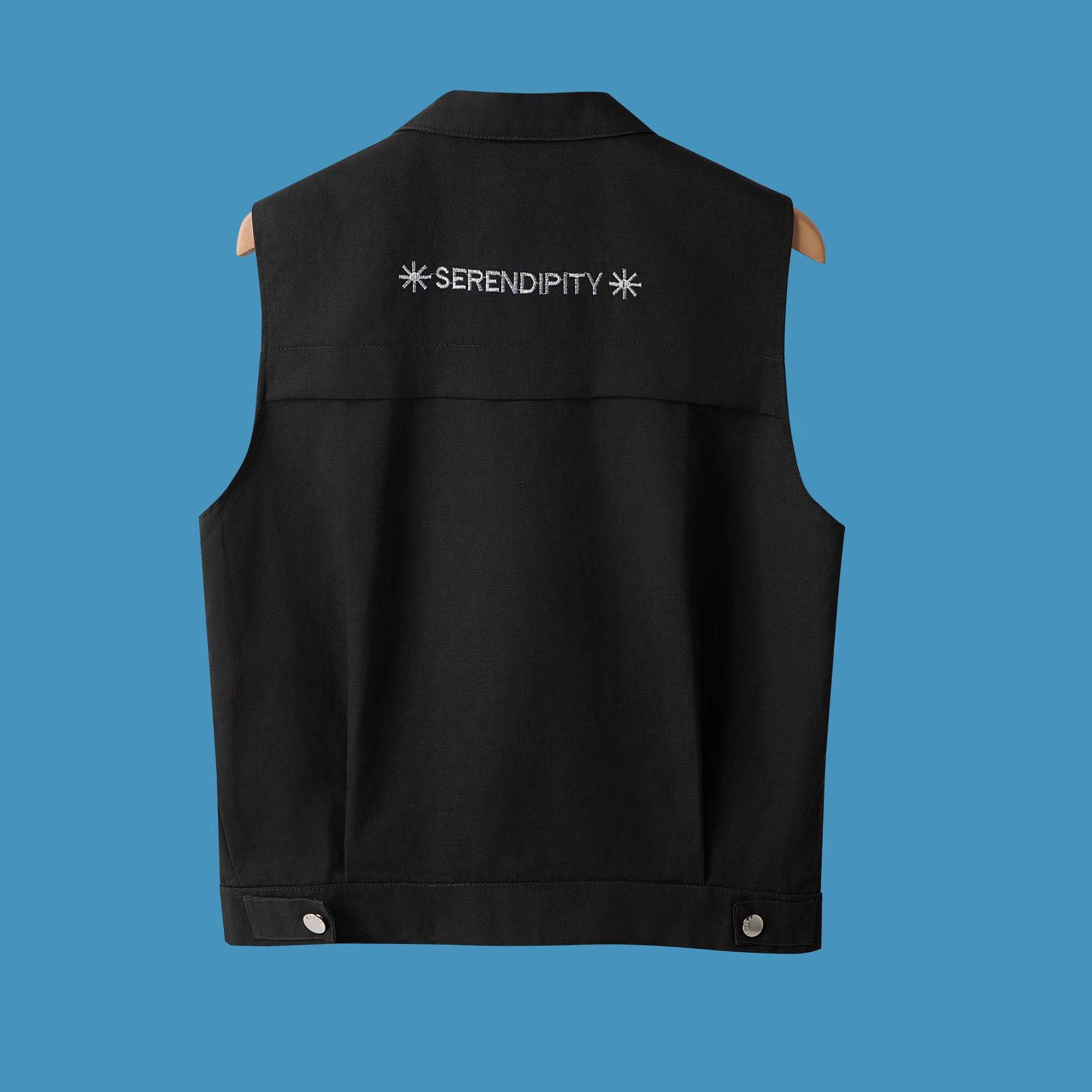 Embroidered black denim vest short jacket Men's spring and summer dress 2024 new Korean loose horse clip vest top