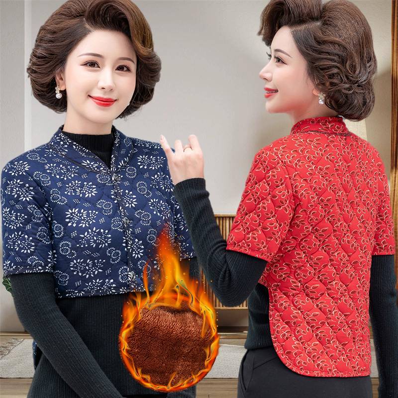 Middle -aged and elderly female mother's back small cotton clothing in autumn and winter plus velvet long -sleeved camel velvet anti -cold and thick shoulder -protecting waist warm