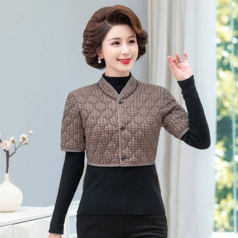 Middle -aged and elderly female mother's back small cotton clothing in autumn and winter plus velvet long -sleeved camel velvet anti -cold and thick shoulder -protecting waist warm