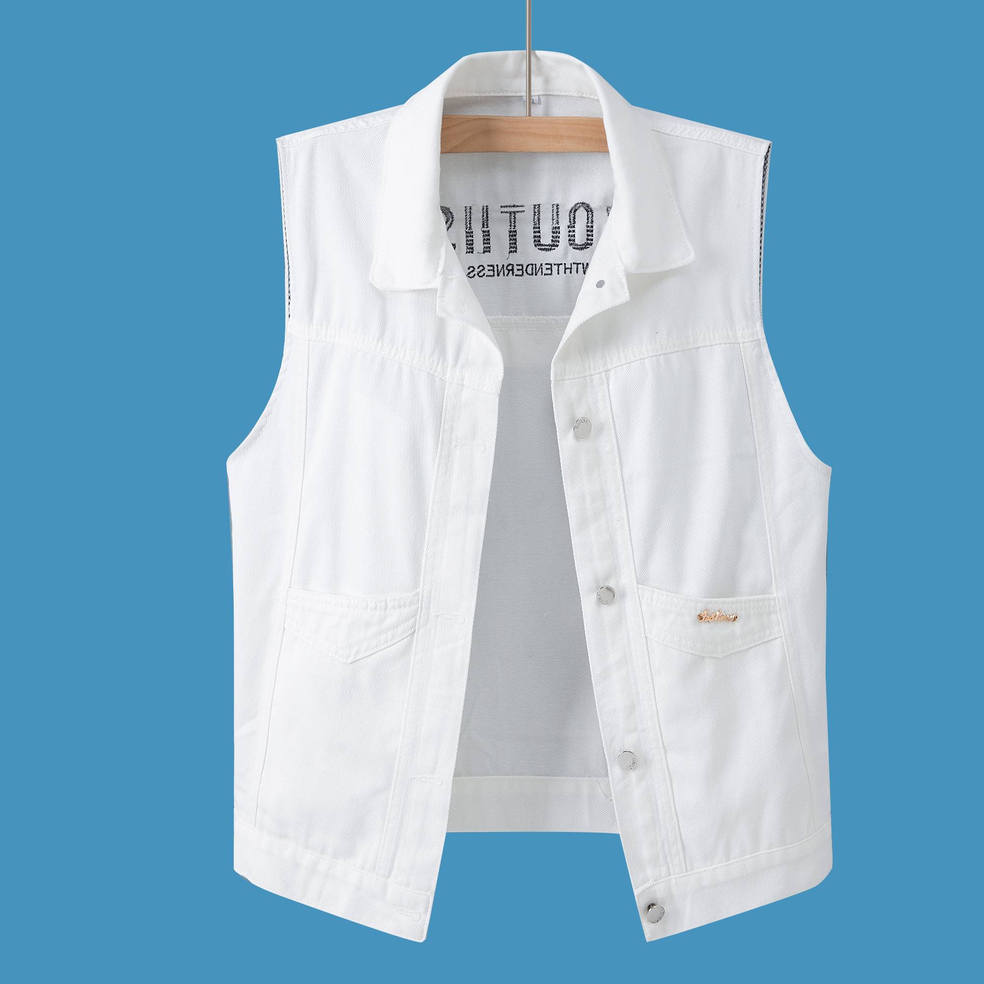 Embroidered white denim vest short jacket Men's spring and summer dress 2024 new Korean loose horse clip vest top