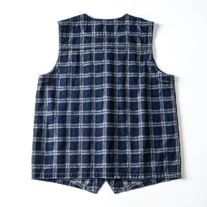 Japanese retro American leisure water washing Amea Kazakhsa heavy tannin checkered denim workers with couple vest