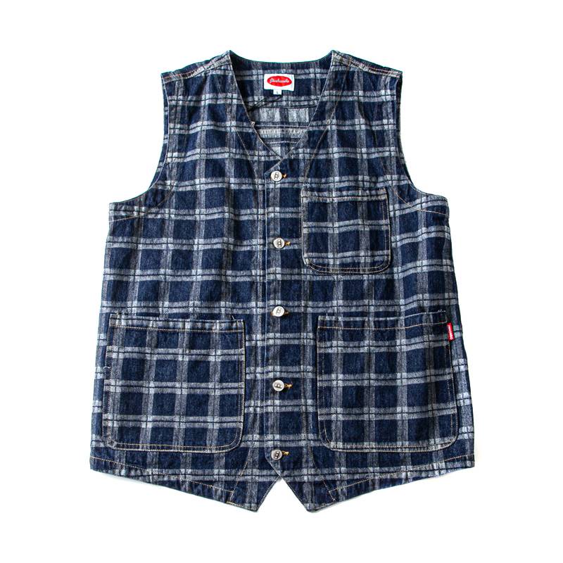 Japanese retro American leisure water washing Amea Kazakhsa heavy tannin checkered denim workers with couple vest