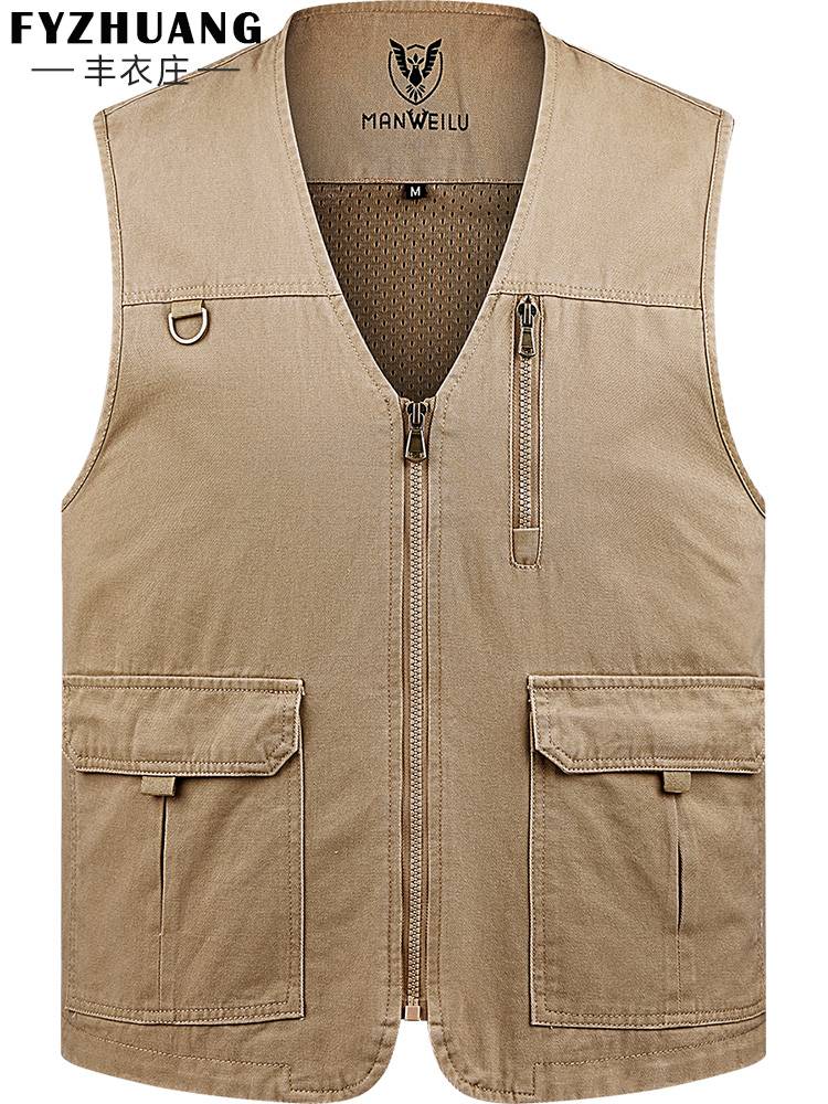 Loose large size Middle -aged and elderly men's multi -pocket vests Dad pure cotton spring autumn coat jacket casual shoulders