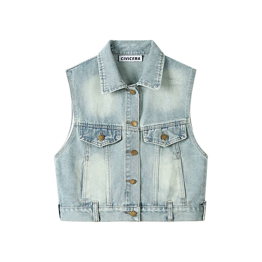 Civicra retro temperament Gongdue denim vest female summer small short outer sleeve denim shirt