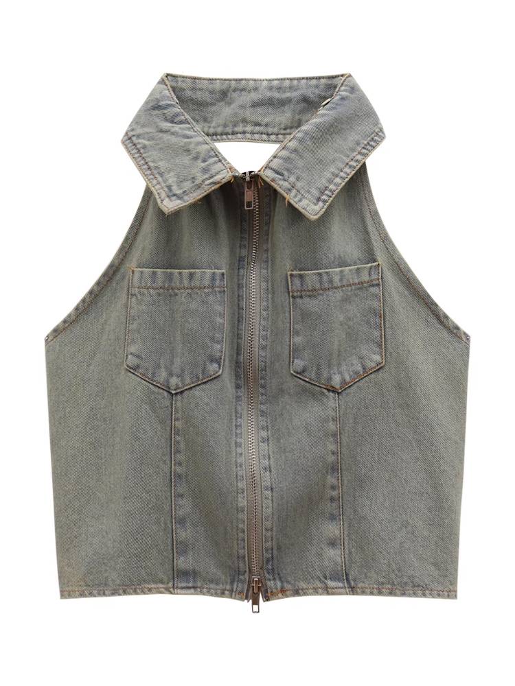 Hanging neck denim suspender vest Female summer sleeveless zipper short design sense niche large size wearing vest