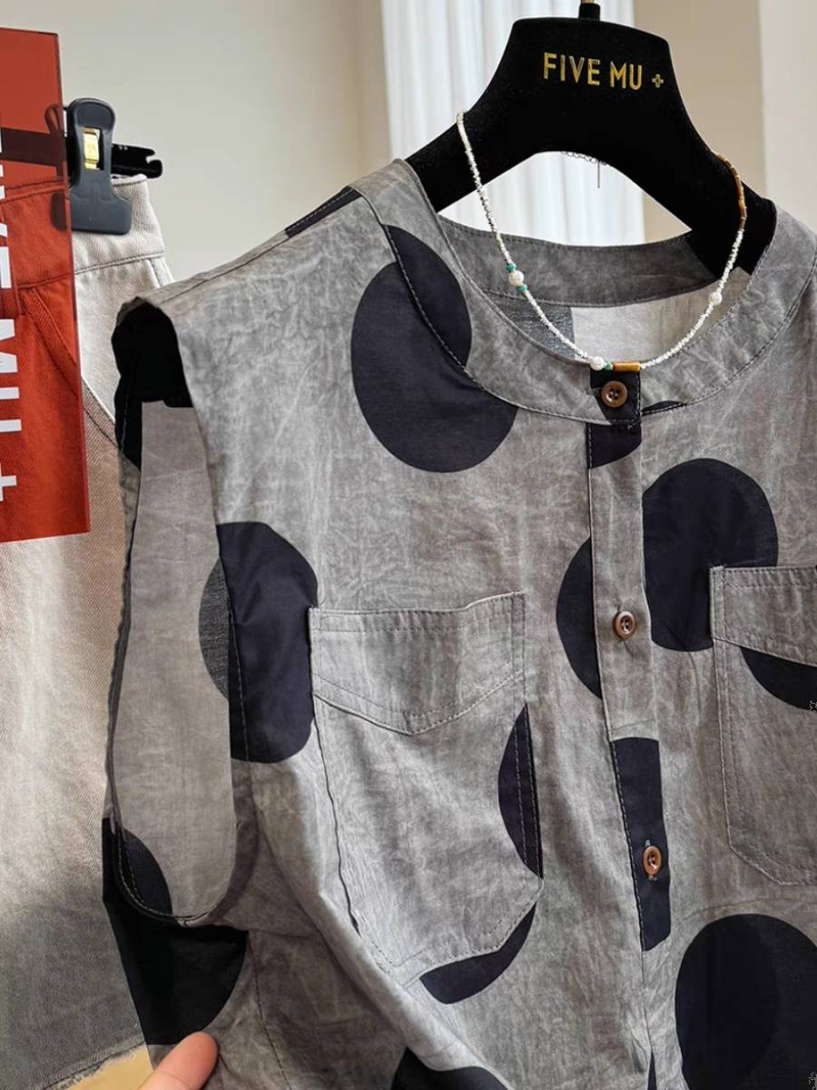 Large size 300 catties of wave dot round neck sleeveless shirt women summer thin, cool outside wearing vest vest short tops