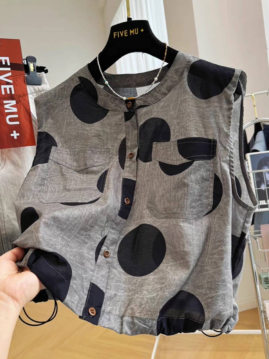 Large size 300 catties of wave dot round neck sleeveless shirt women summer thin, cool outside wearing vest vest short tops