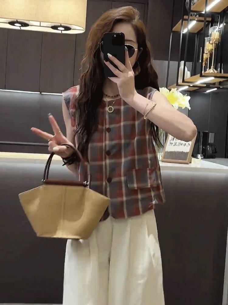 Retro grid cotton cotton and linen sleeveless shirt Female summer new small versatile small flying sleeve vest jacket shirt tide