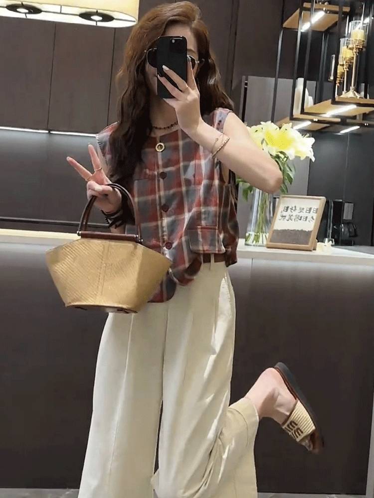 Retro grid cotton cotton and linen sleeveless shirt Female summer new small versatile small flying sleeve vest jacket shirt tide