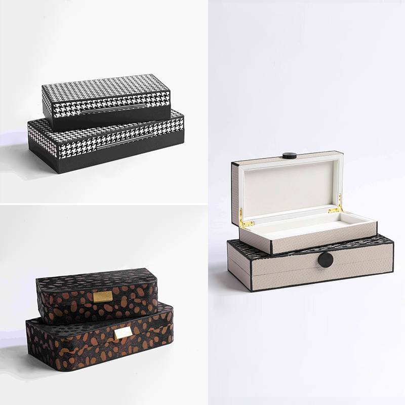 A metal leather tray in a bed-bed-head closet in a pony-skin-coated box box