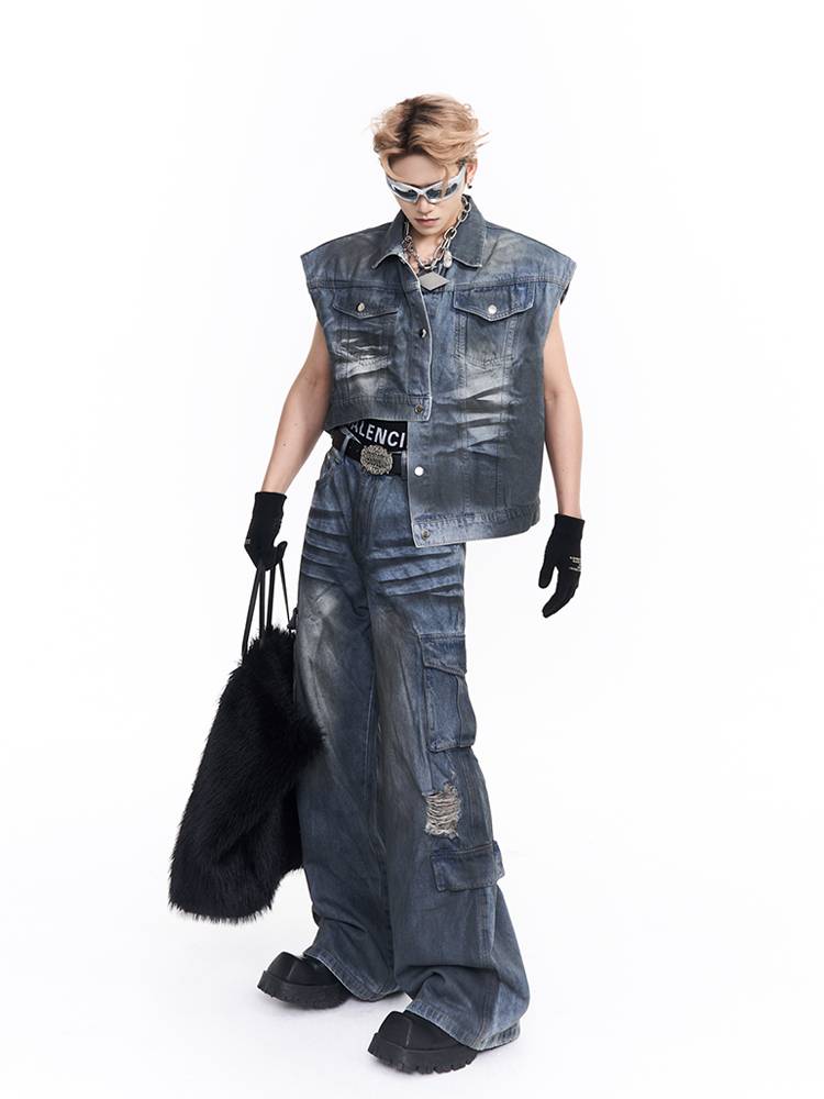 Little Thin Men's Men's Small Wash Dirty Sleeveless denim vest men's summer American retro jacket set