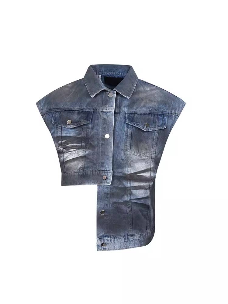 Little Thin Men's Men's Small Wash Dirty Sleeveless denim vest men's summer American retro jacket set