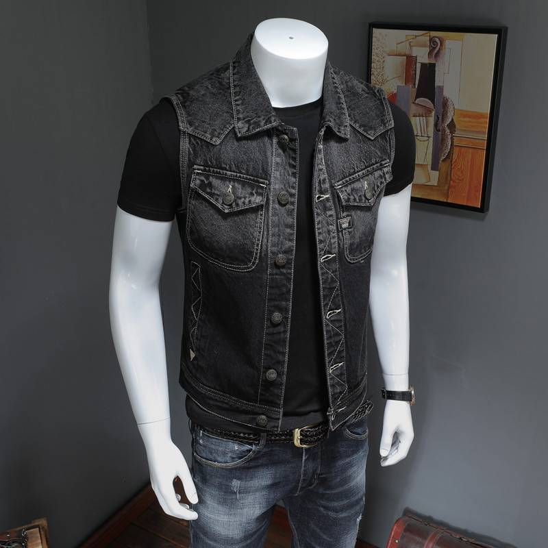 Spring European Station locomotive denim vest men's sleeveless denim jacket fashion trend male horse gown slim fit