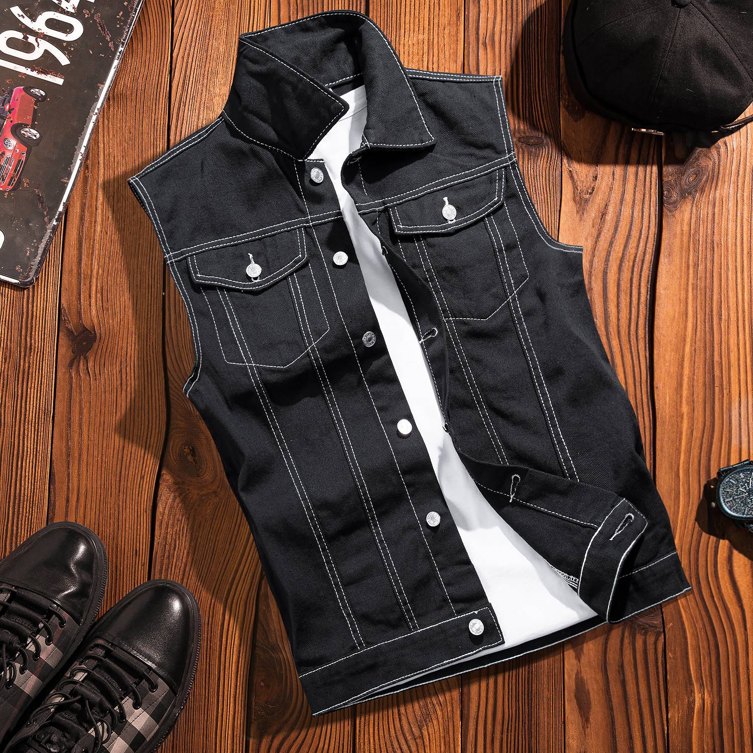 Cowboy vest men's retro INS Korean versatile sleeveless vest spring autumn trendy handsome aura couples shoulder jacket