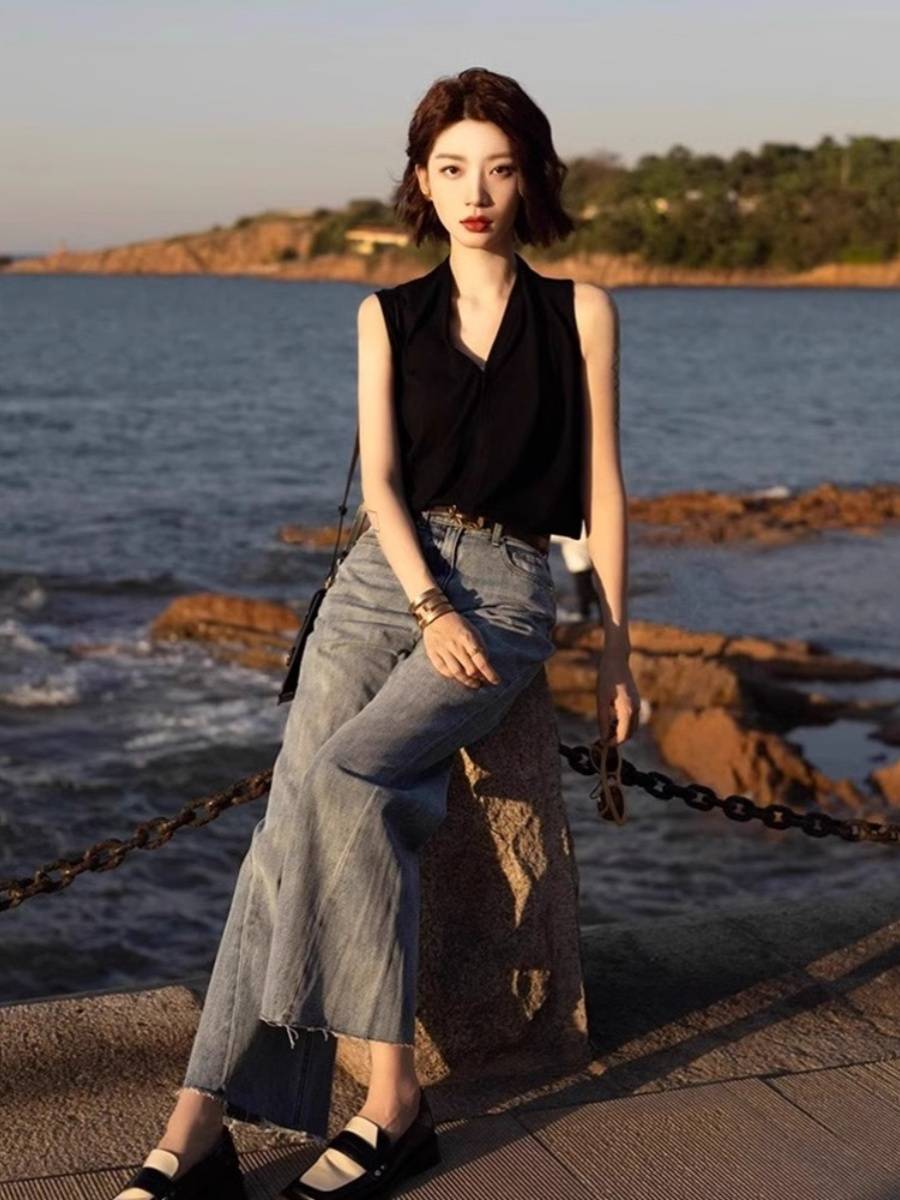 BLACK V-COLLAR VEST, 2024 NEW SUMMER HIGH-TEMPERATURE, SHOULDER-TO-CAPS