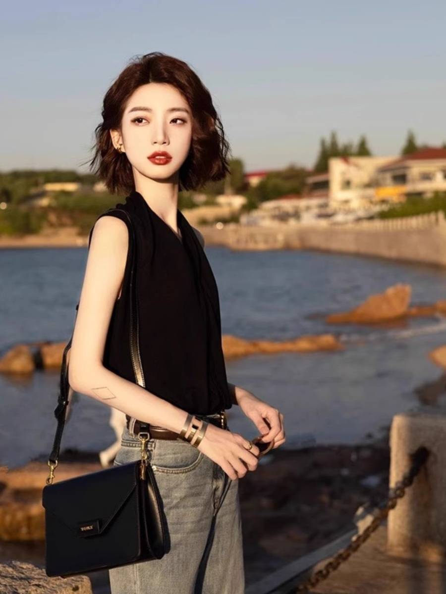 BLACK V-COLLAR VEST, 2024 NEW SUMMER HIGH-TEMPERATURE, SHOULDER-TO-CAPS