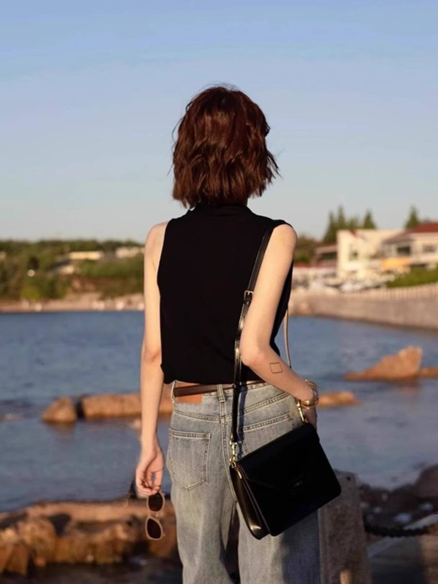 BLACK V-COLLAR VEST, 2024 NEW SUMMER HIGH-TEMPERATURE, SHOULDER-TO-CAPS