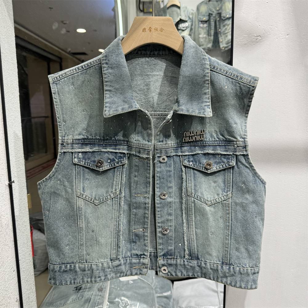POLO leads short hot drill denim vest outer set female 2024 new small small sleeveless shoulder top