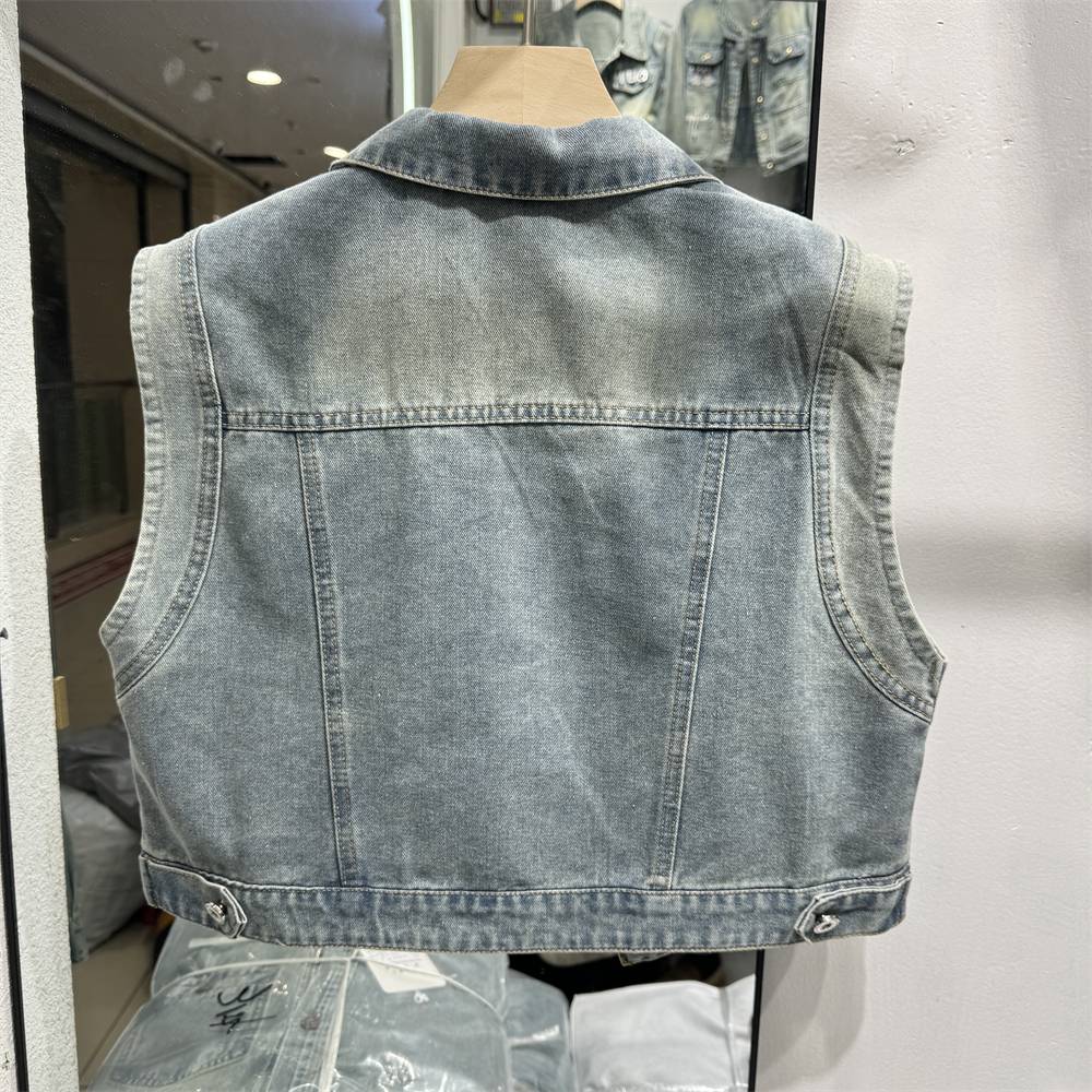 POLO leads short hot drill denim vest outer set female 2024 new small small sleeveless shoulder top