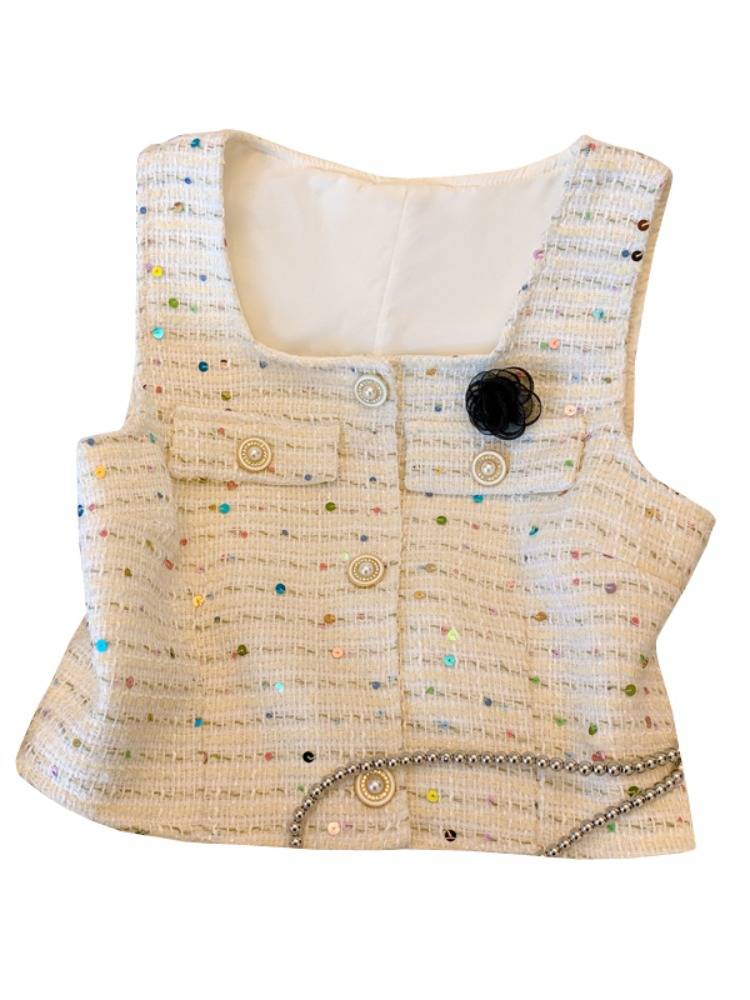 Camellia vest vest female Xiawai wearing French temperament small incense wind shoulder high -level sensor dopamine reduction top