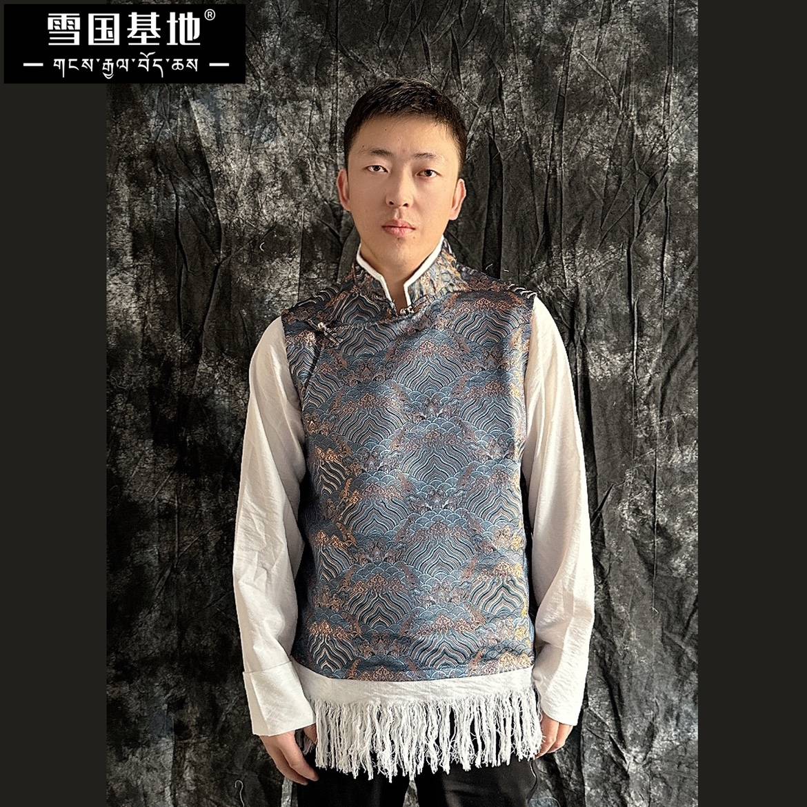 Men's fake two vest shirts connecting Tibetan national clothing, hidden robes, shirt shirts outside
