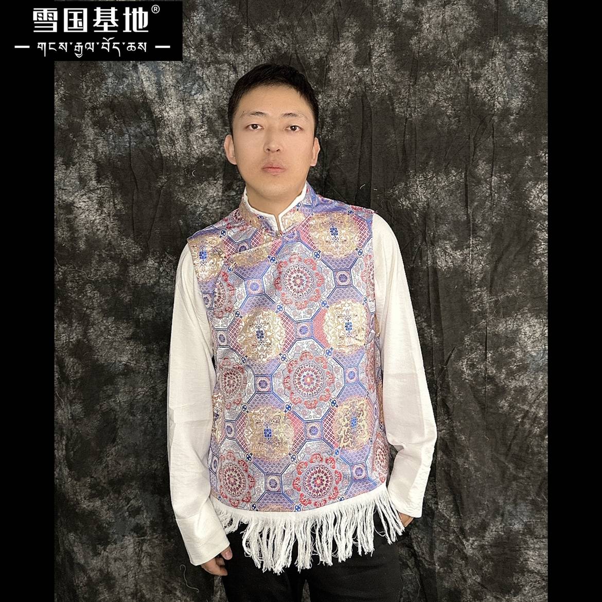 Men's fake two vest shirts connecting Tibetan national clothing, hidden robes, shirt shirts outside