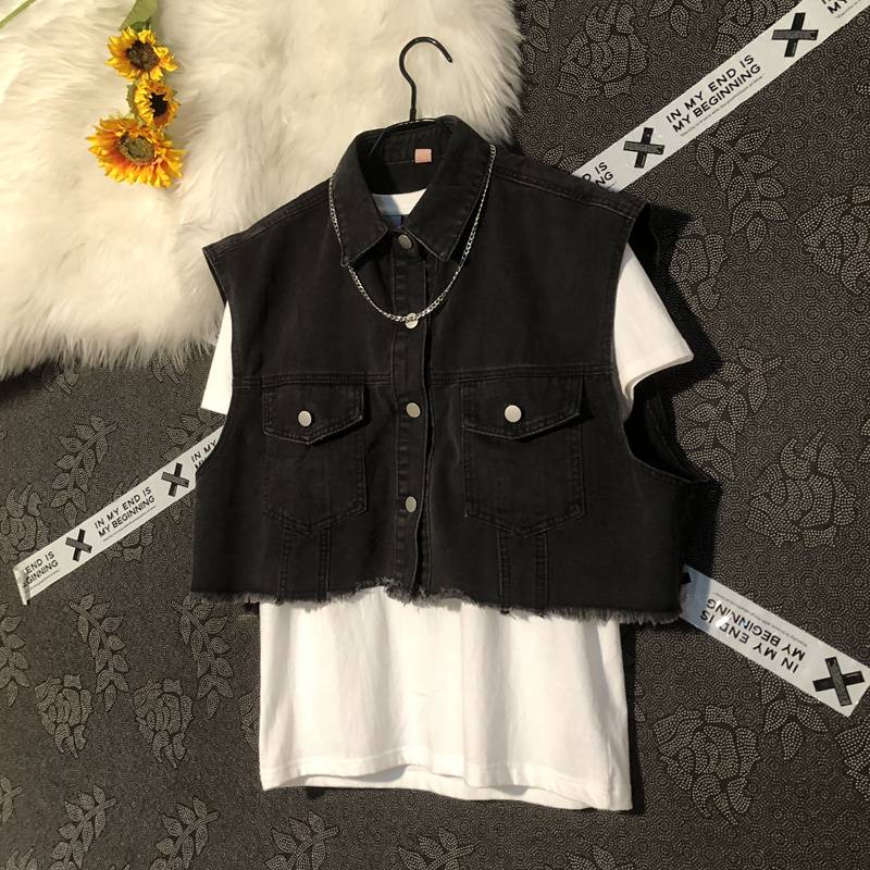 Short denim vest men and women versatile trendy loose shoulder vest tops design sense niche wool edge tide