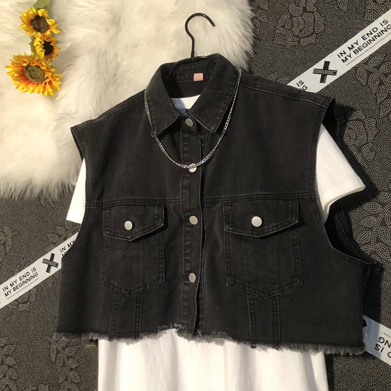 Short denim vest men and women versatile trendy loose shoulder vest tops design sense niche wool edge tide
