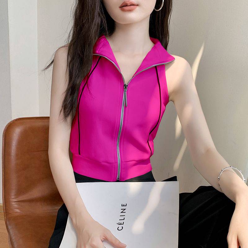 Hanging neck sleeveless top female summer 2024 lapel knitting spicy girl vest sports zipper shirt, shoulder, shoulder, short, short