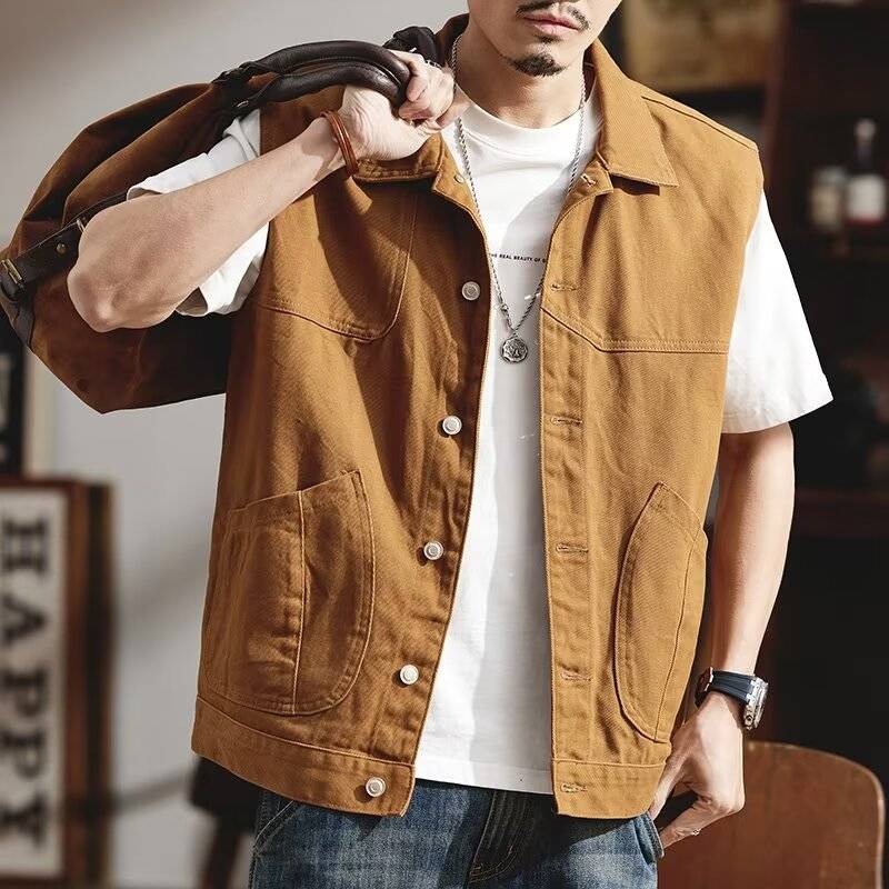 Earth yellow high -end vest Men's spring and autumn 2024 new shoulder vest men's horses clip loose denim jacket jacket