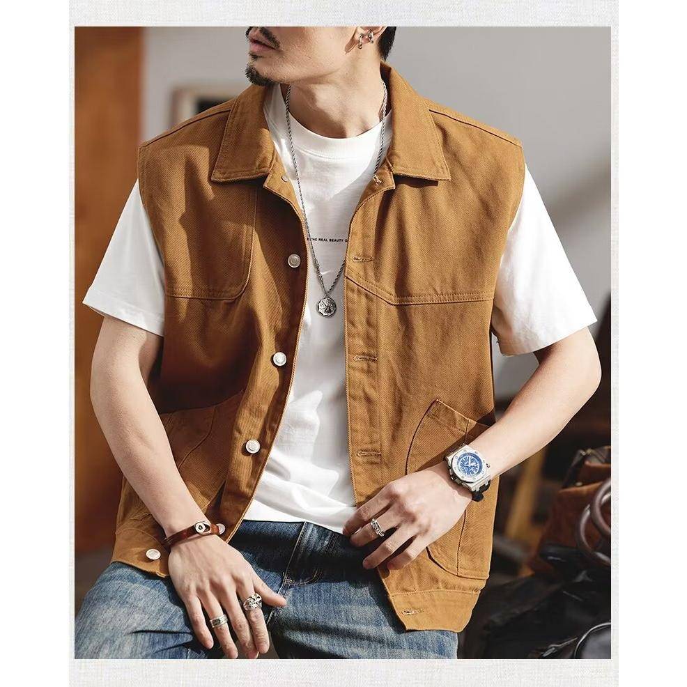 Earth yellow high -end vest Men's spring and autumn 2024 new shoulder vest men's horses clip loose denim jacket jacket
